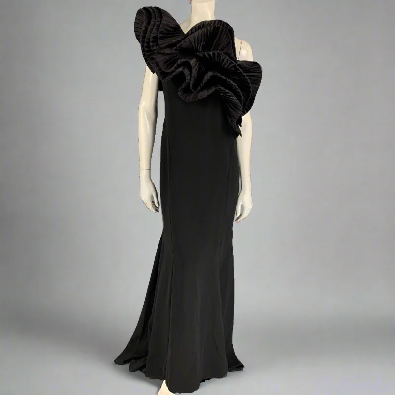 MARCHESA Size M Black Wool Ruffled One Shoulder Gown Dress Summer unclassified dresses
