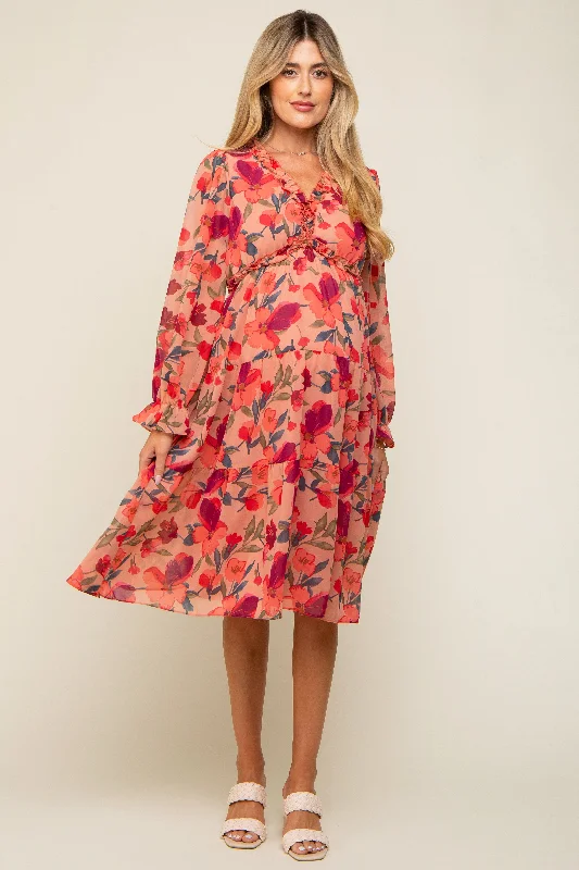 Mauve Floral Ruffle V-Neck Maternity Dress Formal floral dresses