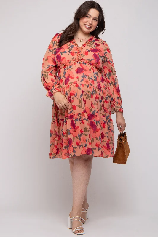 Mauve Floral Ruffle V-Neck Maternity Plus Dress Retro floral dresses