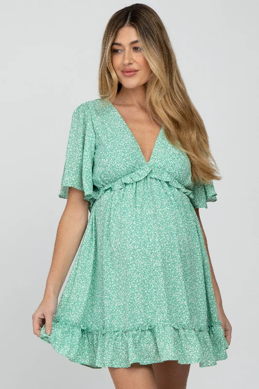 Mint Green Floral Ruffle Accent Cutout Maternity Dress Sexy floral print dresses