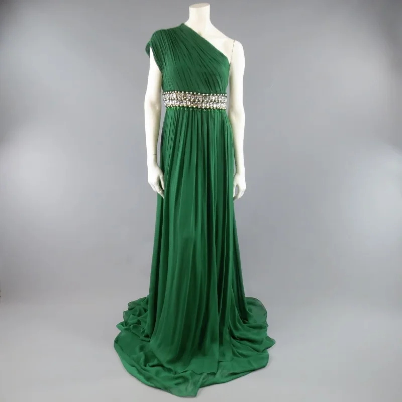 NAEEM KHAN Size 8 Emerald Green Silk One Shoulder Crystal Waist Evening Gown Sequin unclassified dresses