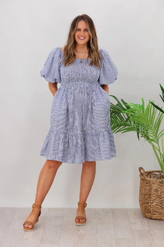 Natural Bay Layla Puff Sleeve Frill Dress Blue Denim unclassified dresses