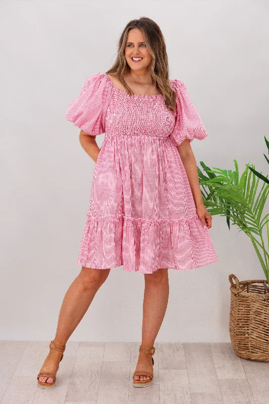 Natural Bay Layla Puff Sleeve Frill Dress Red Tiered unclassified dresses