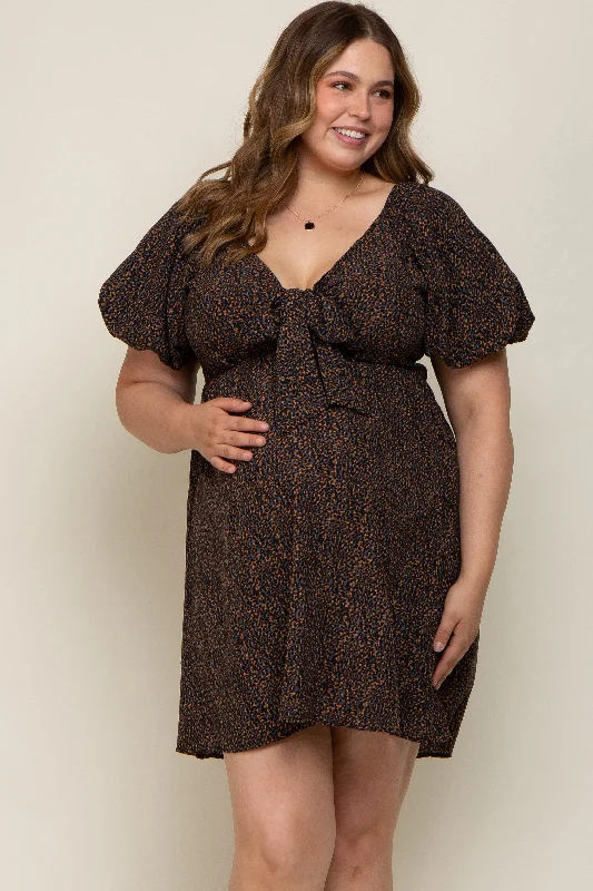 Navy Cheetah Print Knotted Puff Sleeve Plus Maternity Dress New Year's Eve floral dresses Navy Cheetah Print Knotted Puff Sleeve Plus Maternity Dress New Year's Eve floral dresses