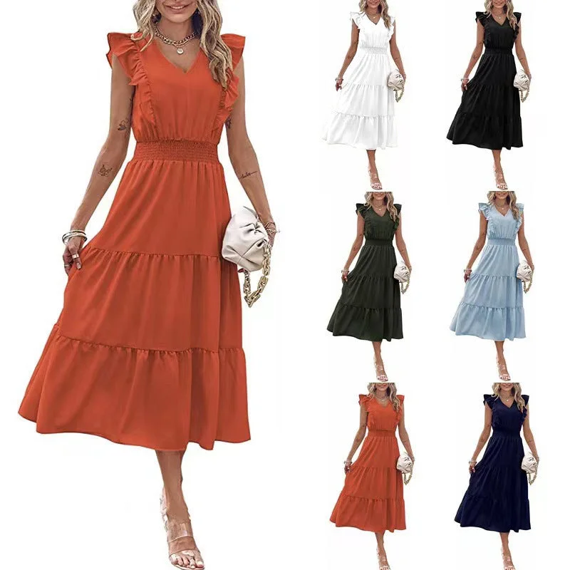 New Ruffled Sleeveless V-Neck Dress Summer Fashion Elastic Waist A-Line Dresses For Womens Clothing Boho unclassified dresses New Ruffled Sleeveless V-Neck Dress Summer Fashion Elastic Waist A-Line Dresses For Womens Clothing Boho unclassified dresses