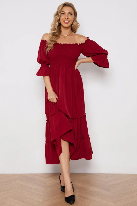 Off-Shoulder Flounce Sleeve Frill Trim Tiered Dress Ruffled unclassified dresses
