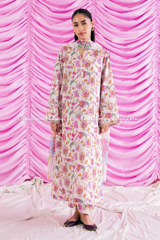 Off White 3pc Printed Lawn Salwar Kameez Silk floral dresses