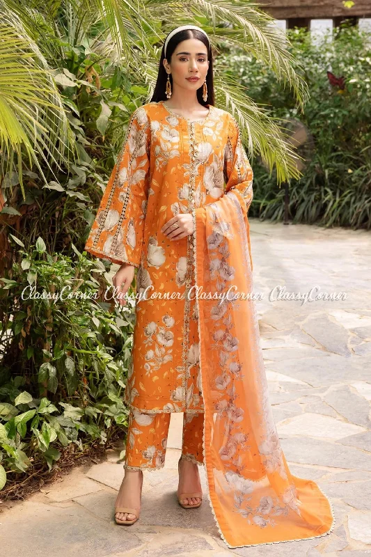 Orange Printed Lawn Semi Formal Suit Cottagecore floral dresses
