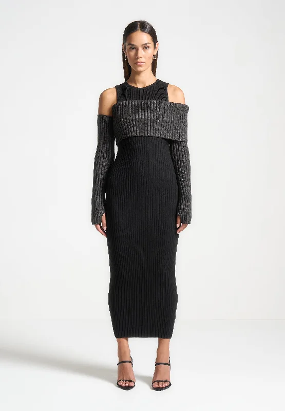 Overlay Knitted Midaxi Dress - Black/Grey Ruched unclassified dresses