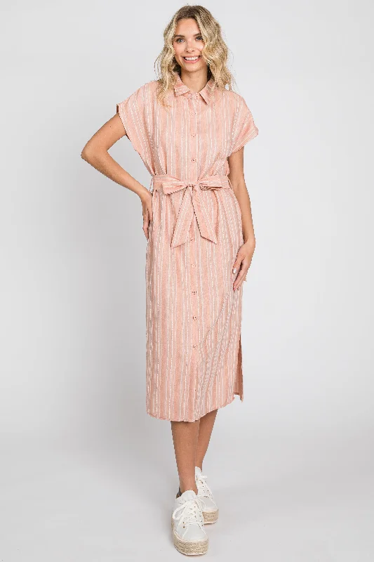 Peach Textured Stripe Button Front Linen Dress Spring unclassified dresses