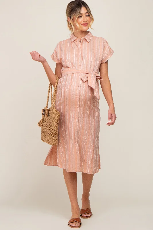 Peach Textured Stripe Button Front Linen Maternity Dress Elegant evening unclassified dresses