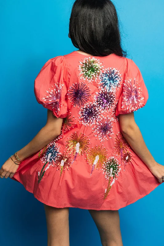 Pink Firework Back Poof Sleeve Dress Soft fabric unclassified dresses