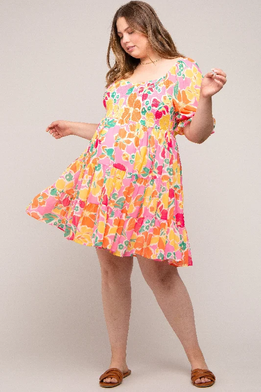 Pink Floral Puff Sleeve Maternity Plus Dress Best floral dresses for curvy figures