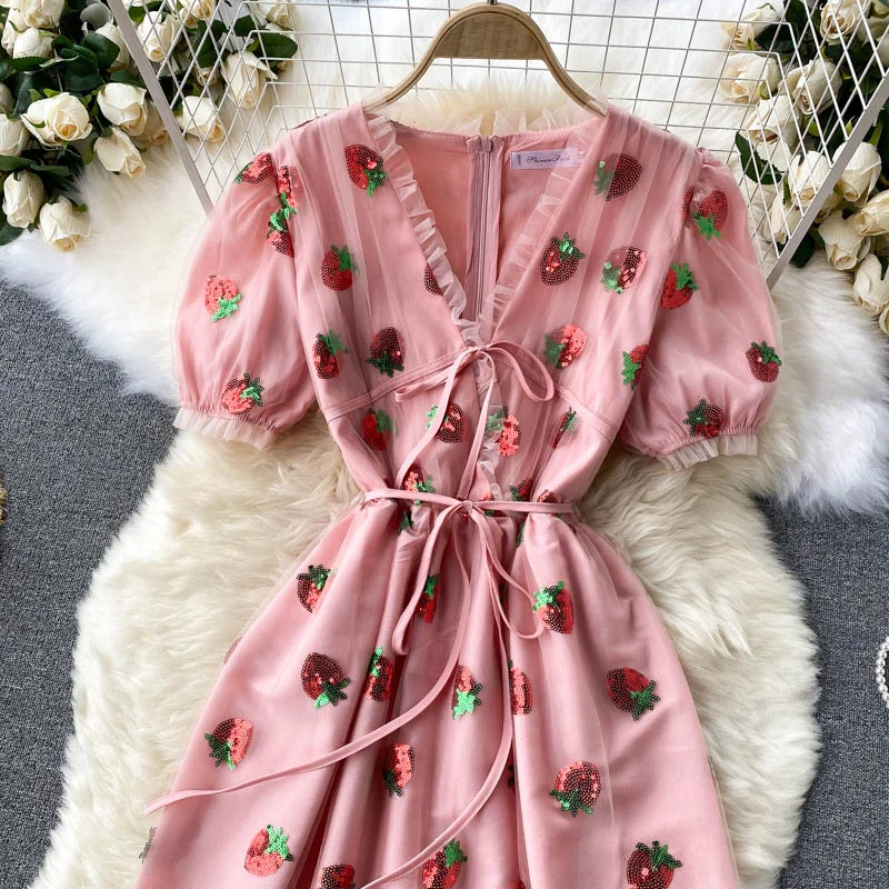 Pink v neck strawberry A line dress fashion dress  626 Flowy unclassified dresses