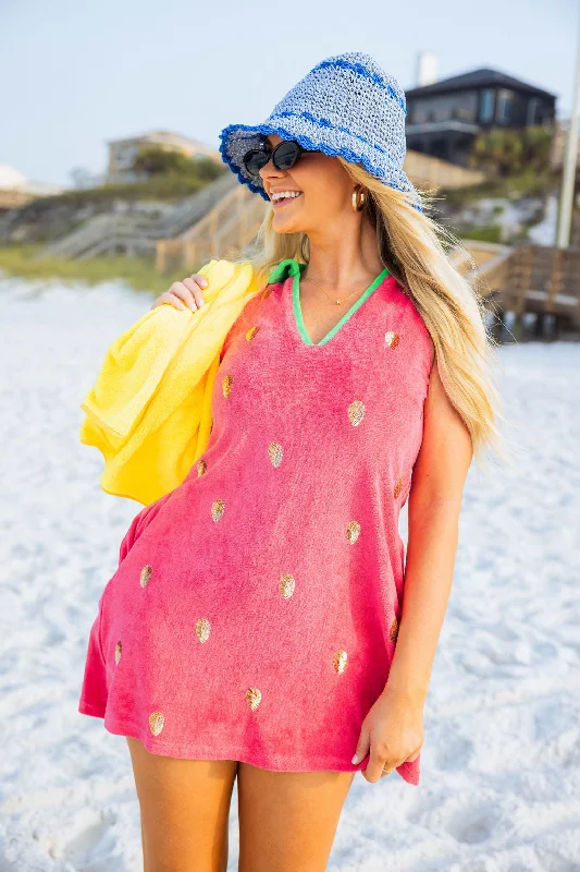 Pink Watermelon Terry Cloth Coverup Dress Metallic unclassified dresses
