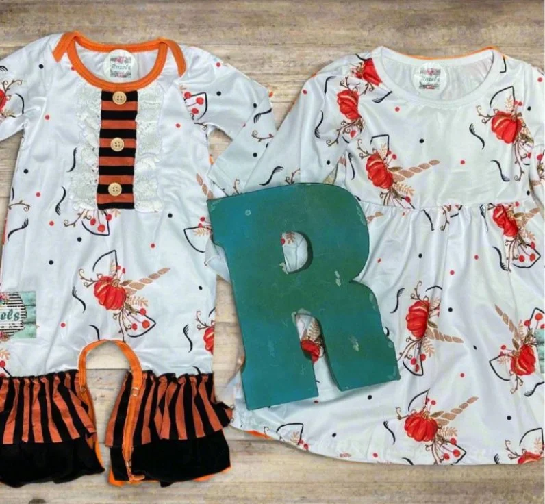 Unicorn Pumpkin Dress & Jumpsuit - Thanksgiving & Halloween Fall Outfit, Matching Sister Set with Unicorn Face Pumpkin Mesh unclassified dresses