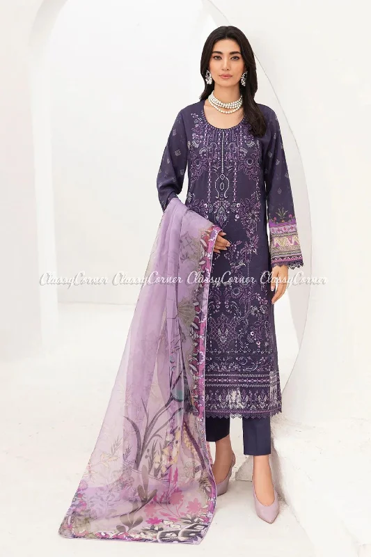 Purple Lawn Embroidered Printed Suit Garden party floral dresses