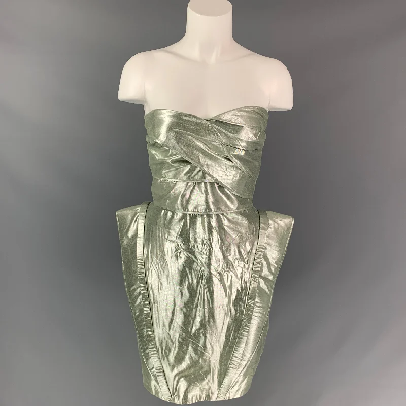 RACHEL GILBERT Size 4 Light Green & Silver Lurex Metallic Dress Club unclassified dresses
