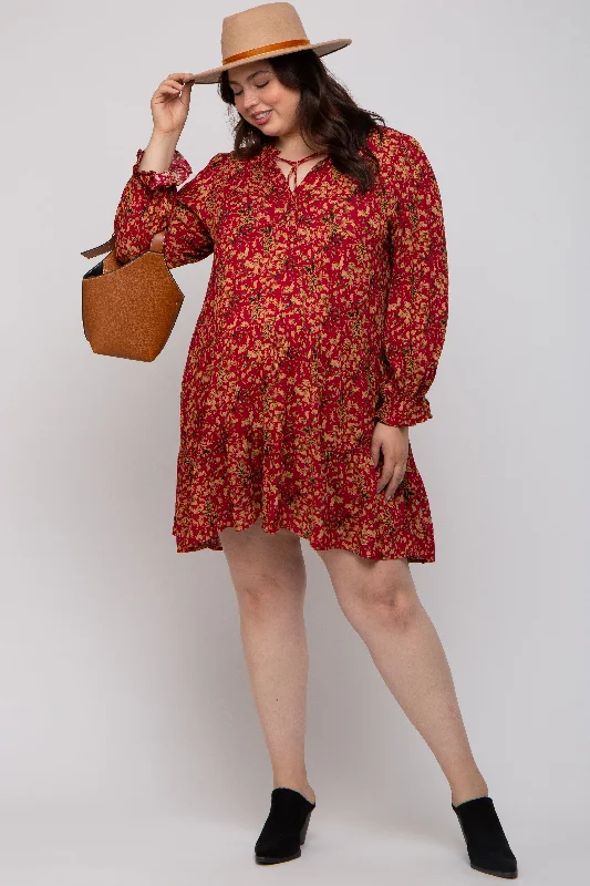 Red Leaf Print Long Sleeve Maternity Plus Dress Flowy floral dresses