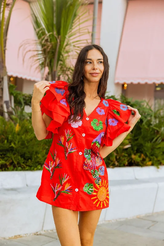 Red Paradise Icon Ruffle Sleeve Dress Bright color unclassified dresses