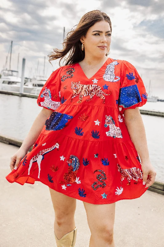 Red, White, and Blue Animal Poof Sleeve Dress Monochrome unclassified dresses