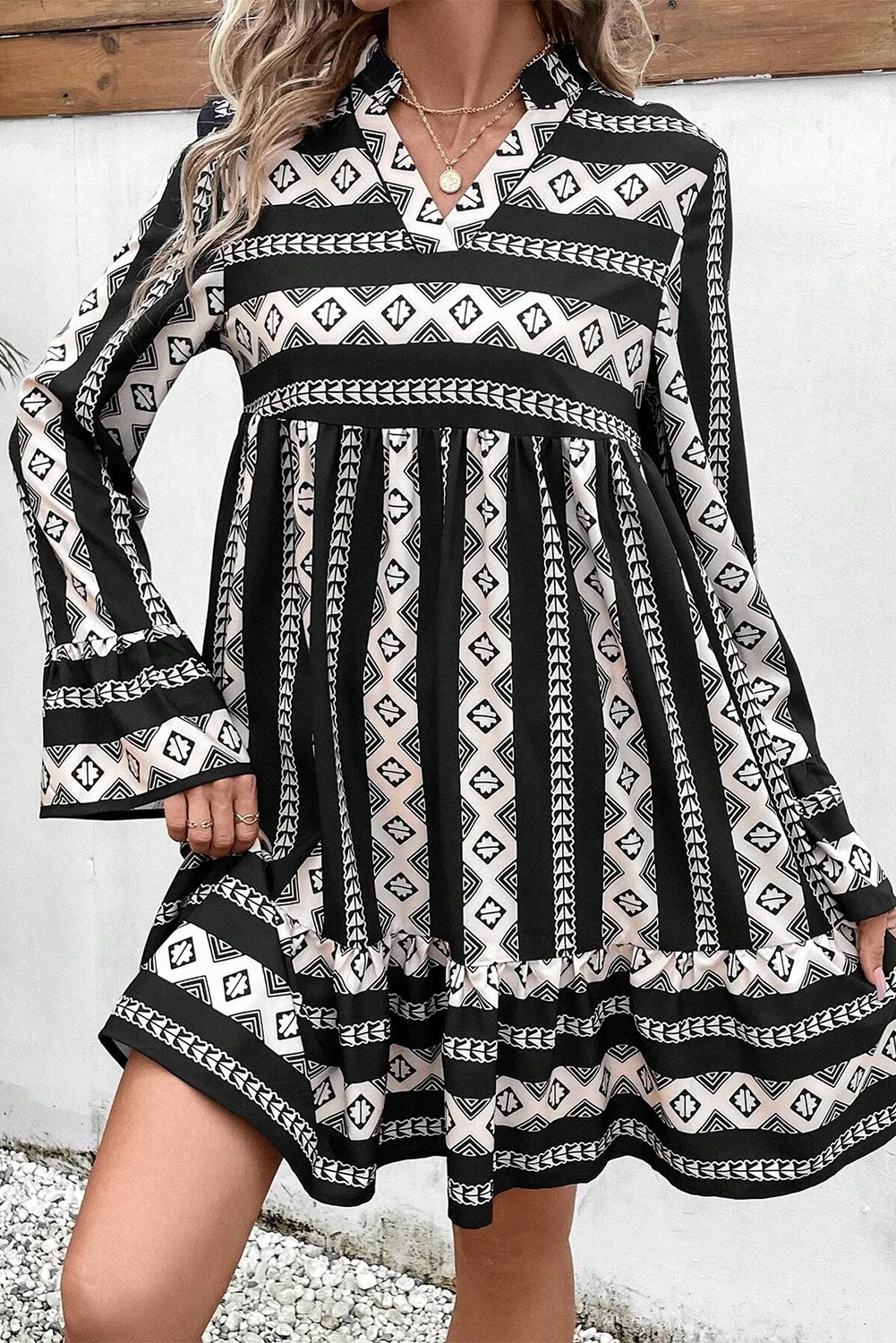 Ruffle Hem Geometric Notched Flare Sleeve Dress Neutral tone unclassified dresses