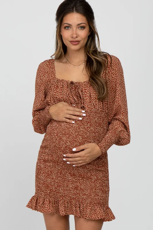 Rust Leaf Print Smocked Maternity Dress Long floral dresses