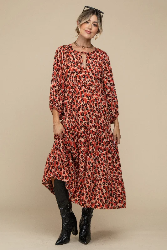 Rust Printed Long Sleeve Tiered Maternity Dress A-line floral dresses