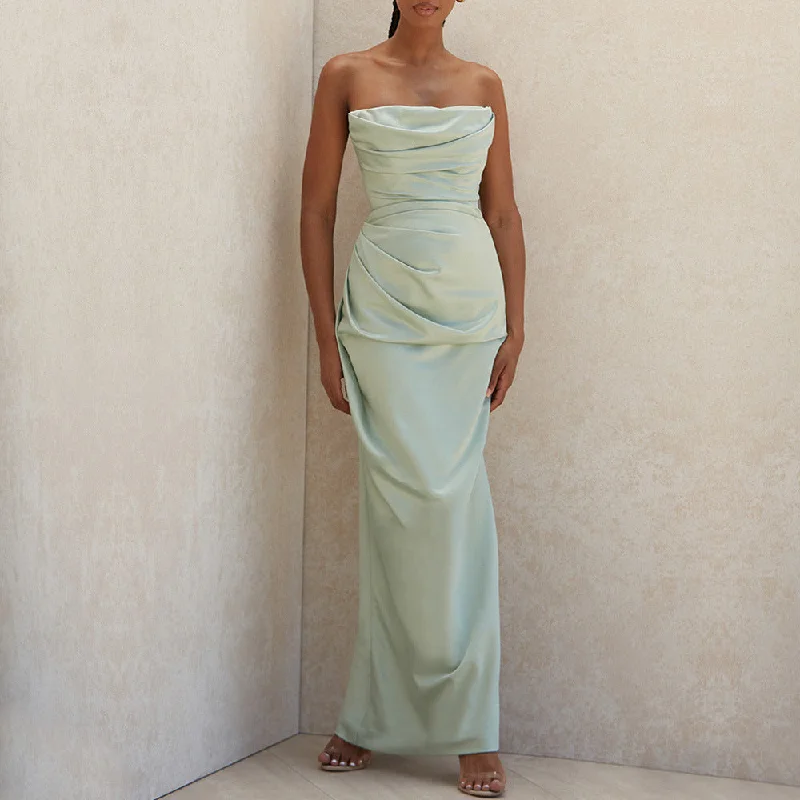 Satin Tube Top Split Knee-length Dress Ruffled unclassified dresses