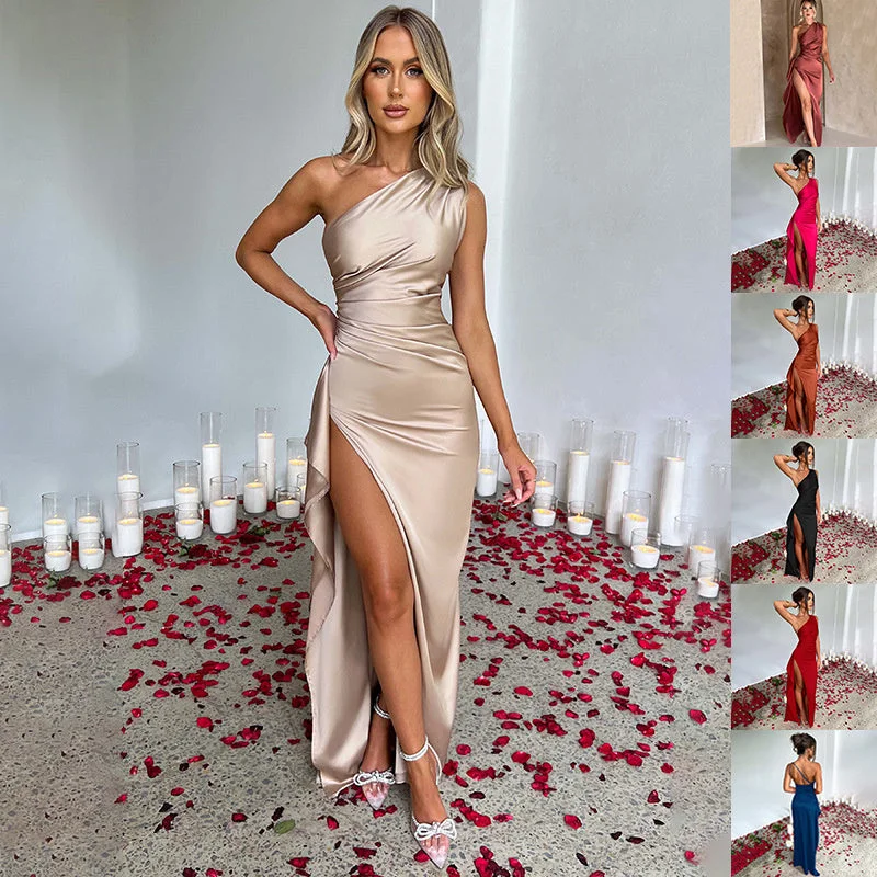 Sexy One-shoulder Backless Split Dress Summer Elegant Slim-fit Solid Color Satin Dresses For Women Short unclassified dresses