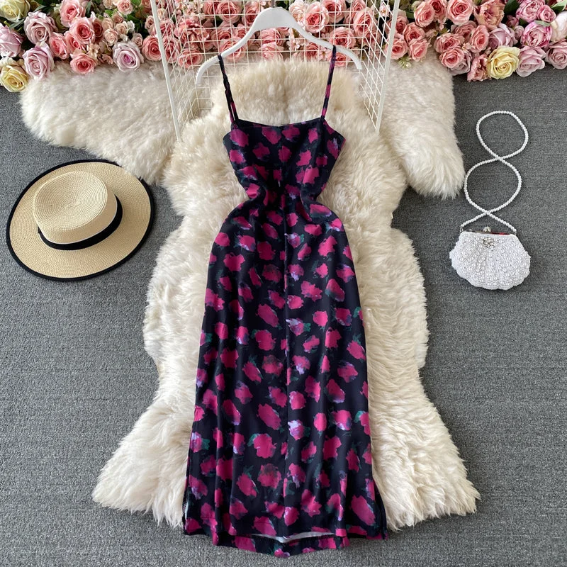 Slim temperament open back suspender Floral Dress  3422 Luxury floral dresses