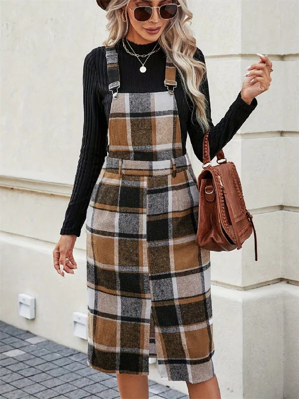 Slit Plaid Wide Strap Overall Dress Summer unclassified dresses