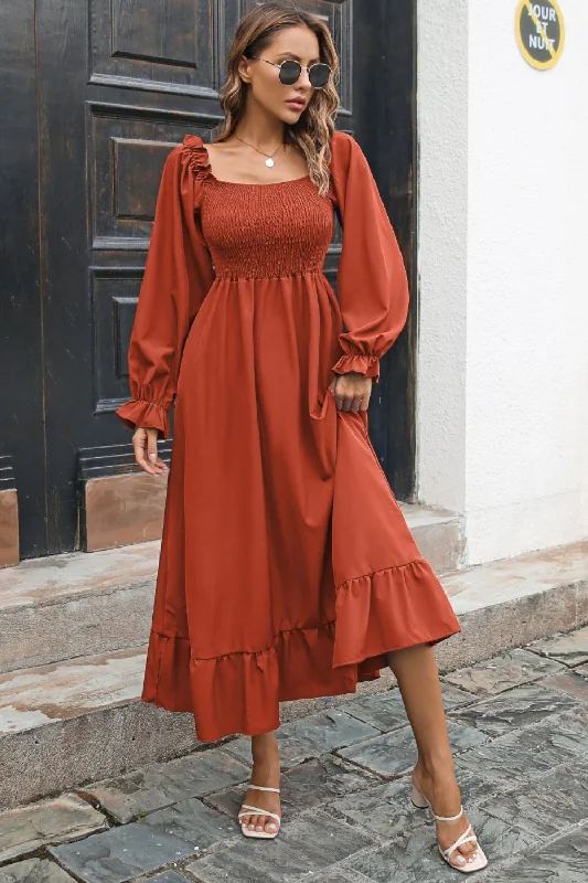 Smocked Ruffle Hem Flounce Sleeve Dress Ruched unclassified dresses