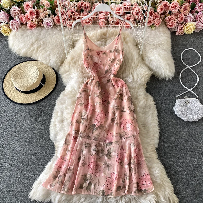 Split Pink Floral Chiffon Dress with irregular ruffles  3426 Boho floral dresses