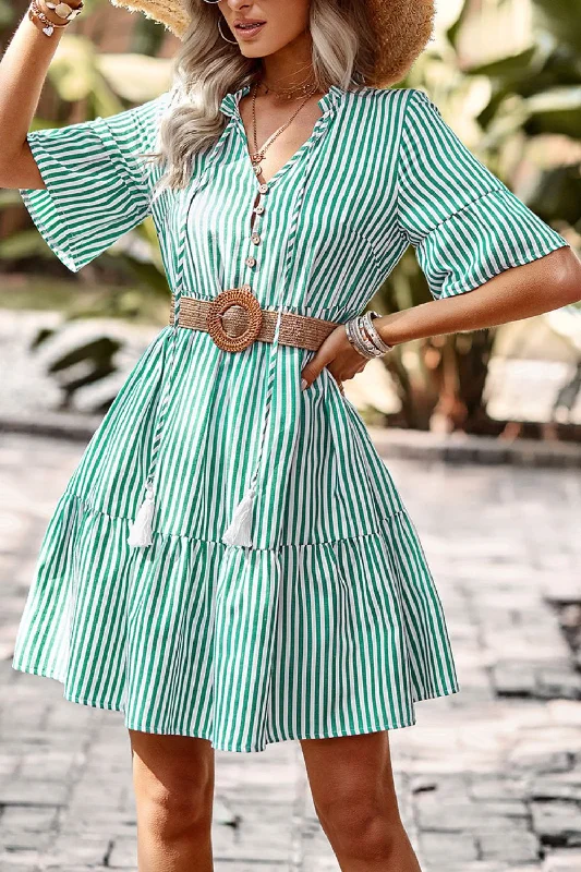 Striped Tie Neck Flare Sleeve Dress Sexy unclassified dresses