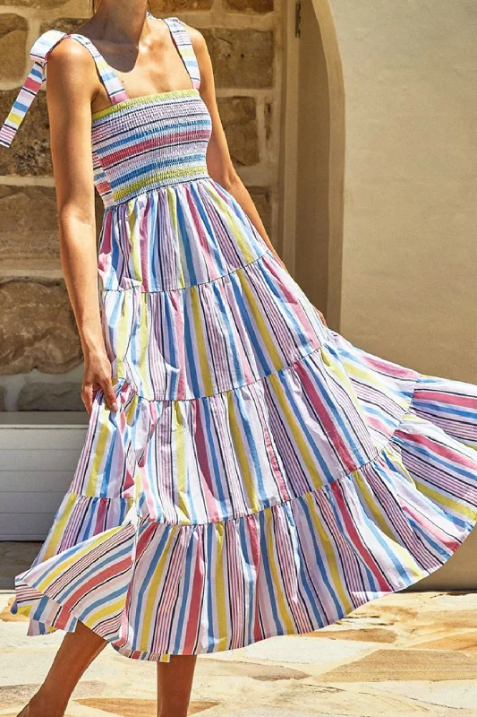 Striped Tie-Shoulder Smocked Tiered Dress Lightweight unclassified dresses