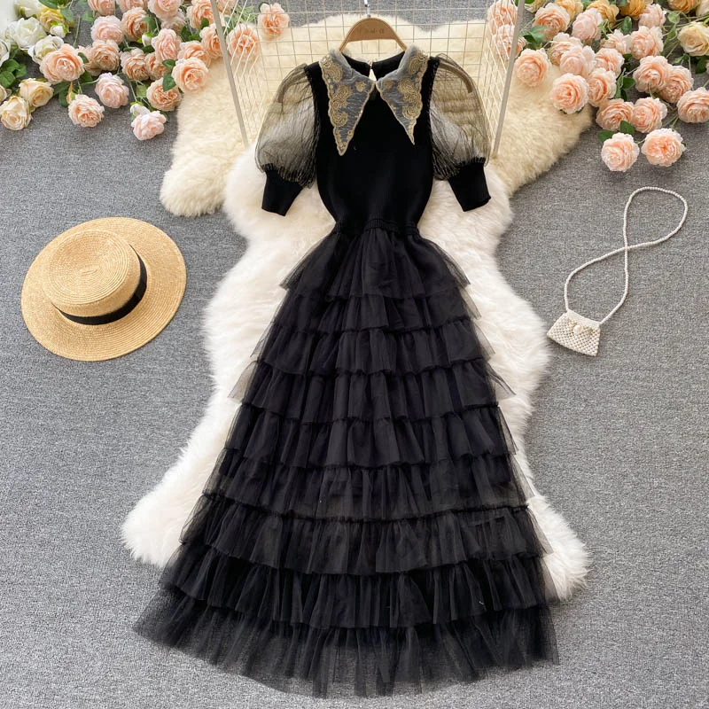 Stylish black A line knitted patchwork dress  160 Mesh unclassified dresses