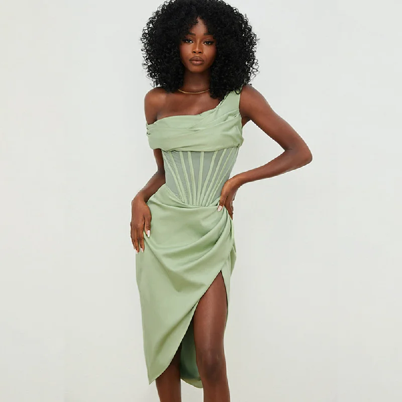 Summer Shoulder Stitching Irregular Slit Dress Cocktail unclassified dresses