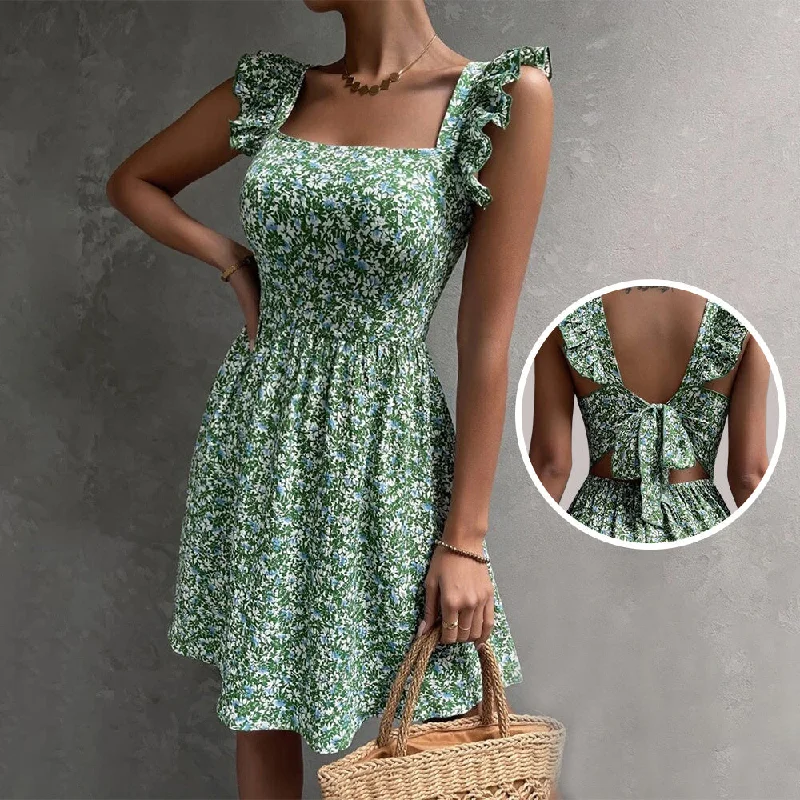 Summer Square-neck Ruffled Sleeveless Dress With Bow-tie Backless Design Fashion Casual Holiday Beach Dresses For Womens Clothing High-end unclassified dresses