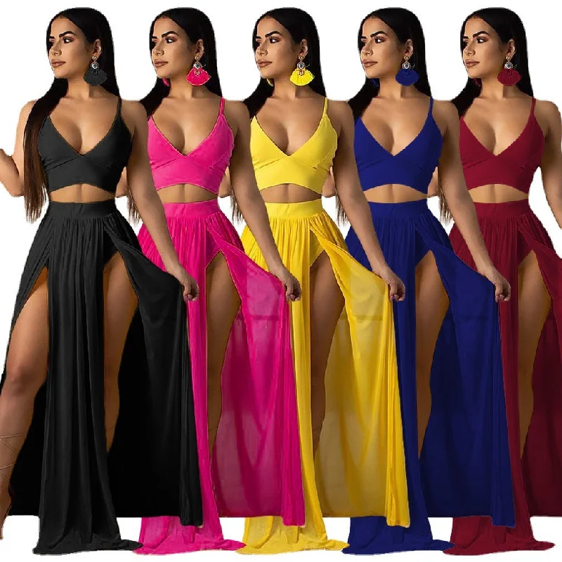 Summer Women's Split Sexy Camisole Solid Color Dress Two-piece Suit Vintage unclassified dresses