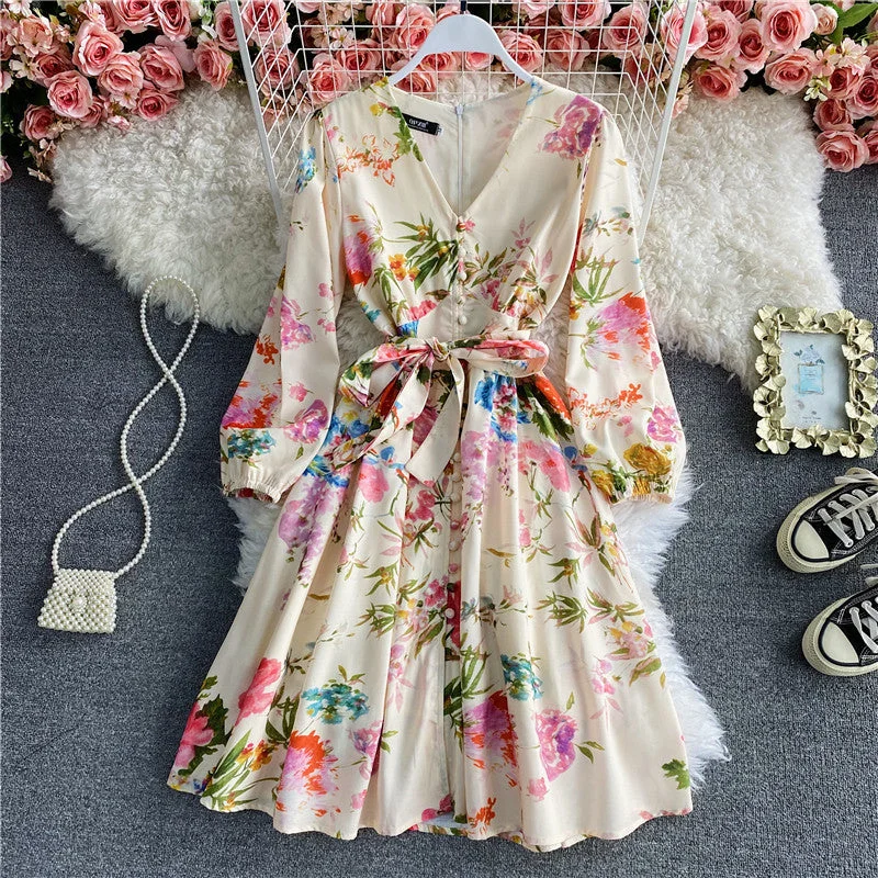 Sweet printed bubble sleeve waist V-neck dress  3424 Corset floral dresses