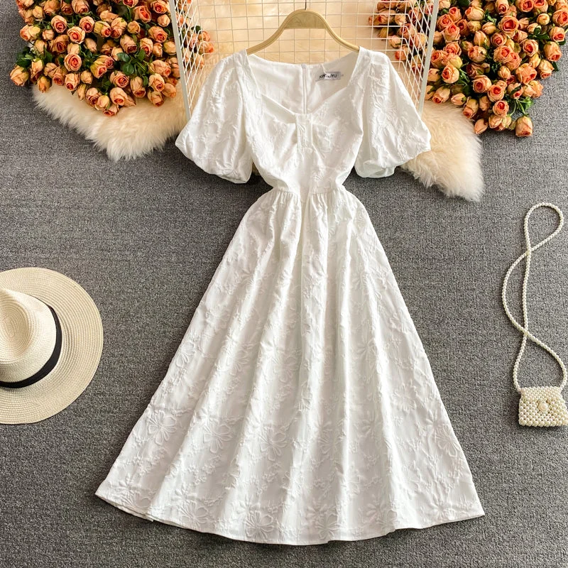 Sweet white puff sleeve dress white A line dress  583 Cocktail unclassified dresses