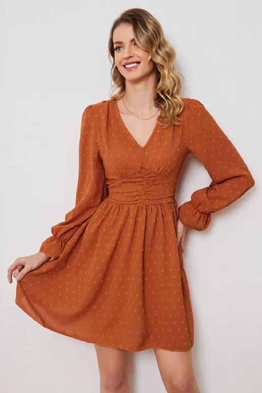 Swiss Dot Ruched V-Neck Flounce Sleeve Dress Boho unclassified dresses
