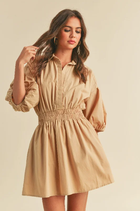 Taupe Elastic Band Waist Shift Dress Unique unclassified dresses