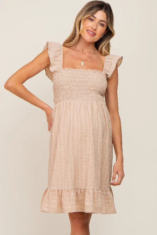 Taupe Textured Sleeveless Smocked Maternity Dress Budget-friendly unclassified dresses