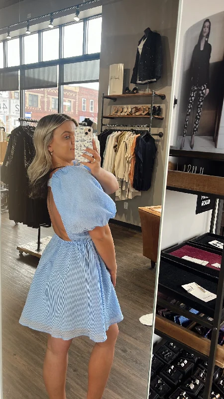 THML puff sleeve blue striped dress Soft fabric unclassified dresses