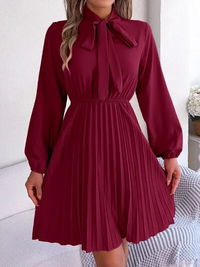 Tie Neck Balloon Sleeve Pleated Dress Date night unclassified dresses