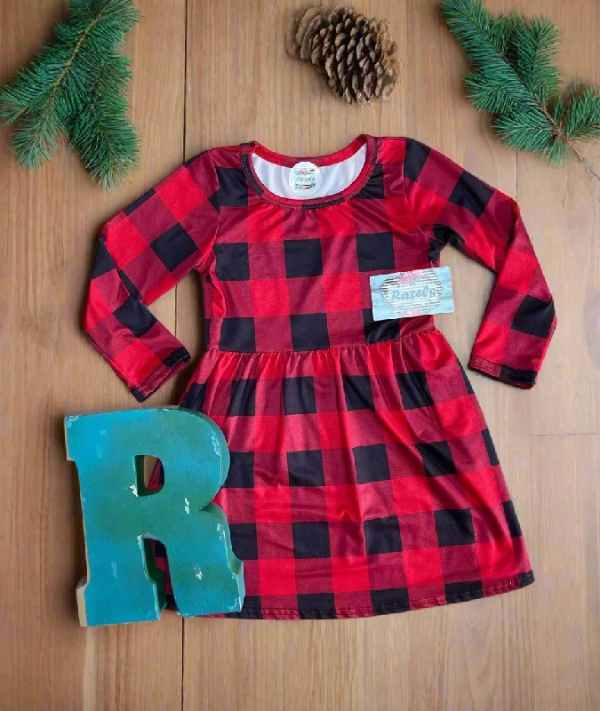 Girls' Red and Black Buffalo Plaid Dress – Holiday Staple | Versatile Western Style Dress Spring unclassified dresses