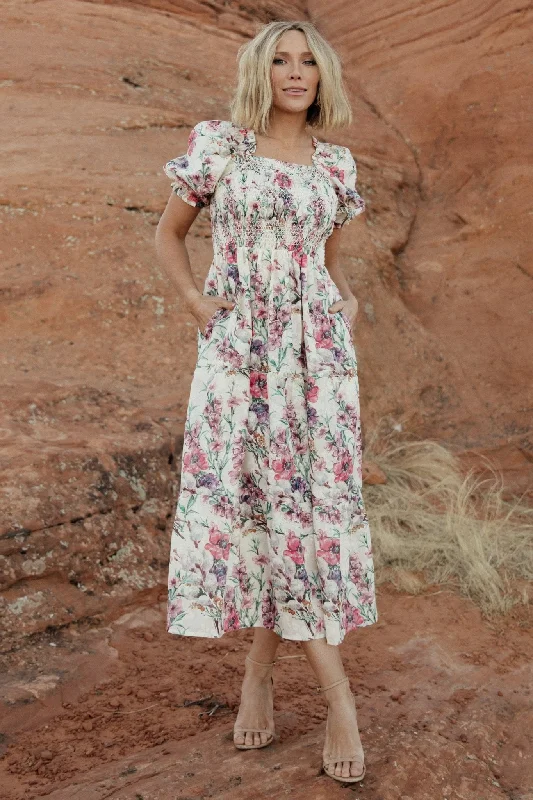 Tulsa Smocked Dress | Cream + Pink Satin unclassified dresses