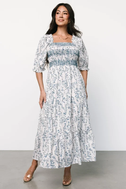 Tulsa Smocked Dress | Off White + Blue Long unclassified dresses